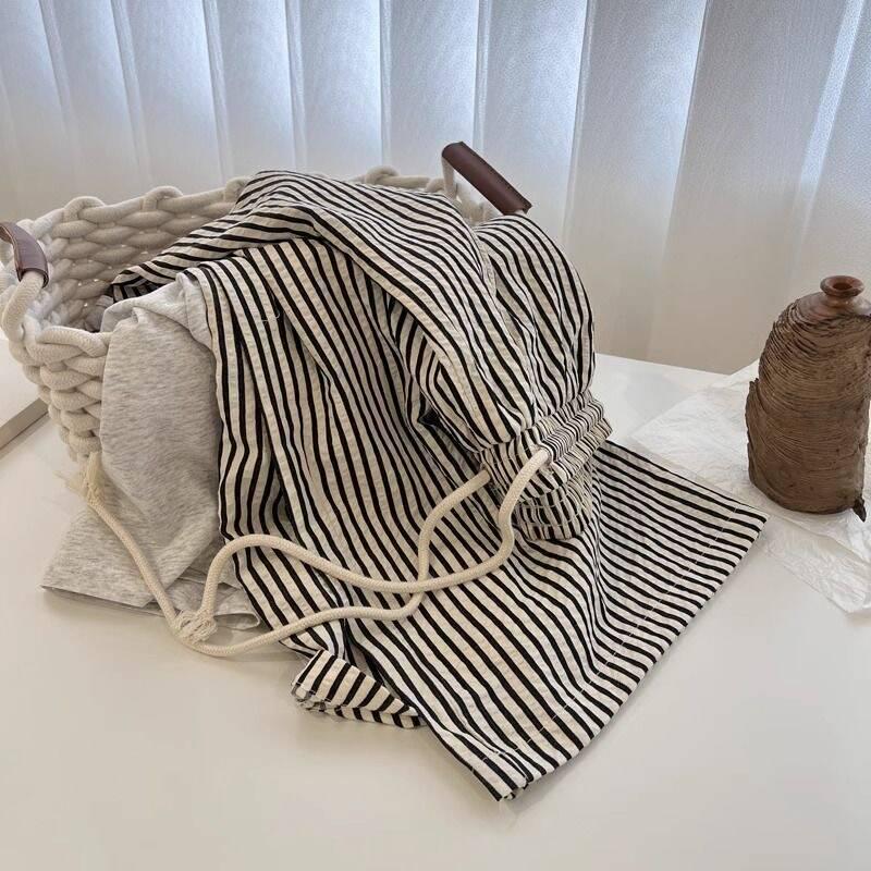 Women's High-Waisted Wide-Leg Black & White Striped Pants - Summer Petite, Slimming, Thin, and Loose Fit, 145cm