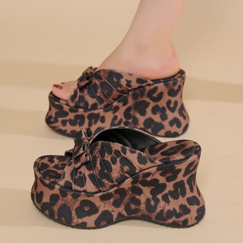 Fashion Leopard Fashion Super High Heel Flip-Flops Women's Summer New Round Toe Platform Heightening Non-slip Cool Slippers