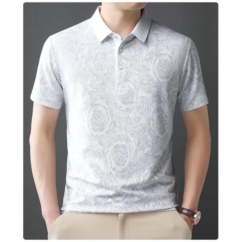 

Men Short Sleeve Ice Silk T-Shirt Casual Business High End Jacquard Thin Polo Shirt 4XL білий