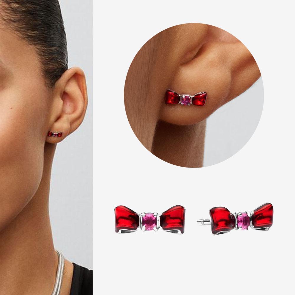 Authentic 925 Silver Cherry Blossom Bow Heart Hoop Stud Drop Earrings plata de ley Jewelry DIY Birthday Gift Original