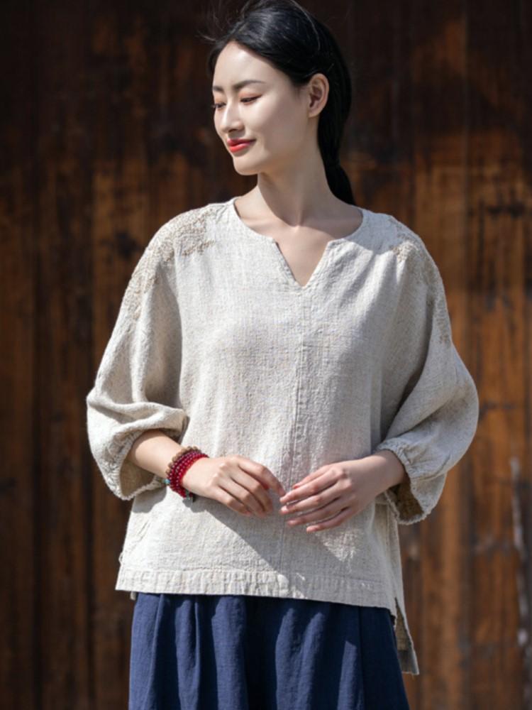 

Johnature женские льняные футболки с цветочной вышивкой, весенние однотонные свободные футболки с v-образным вырезом и длинными рукавами