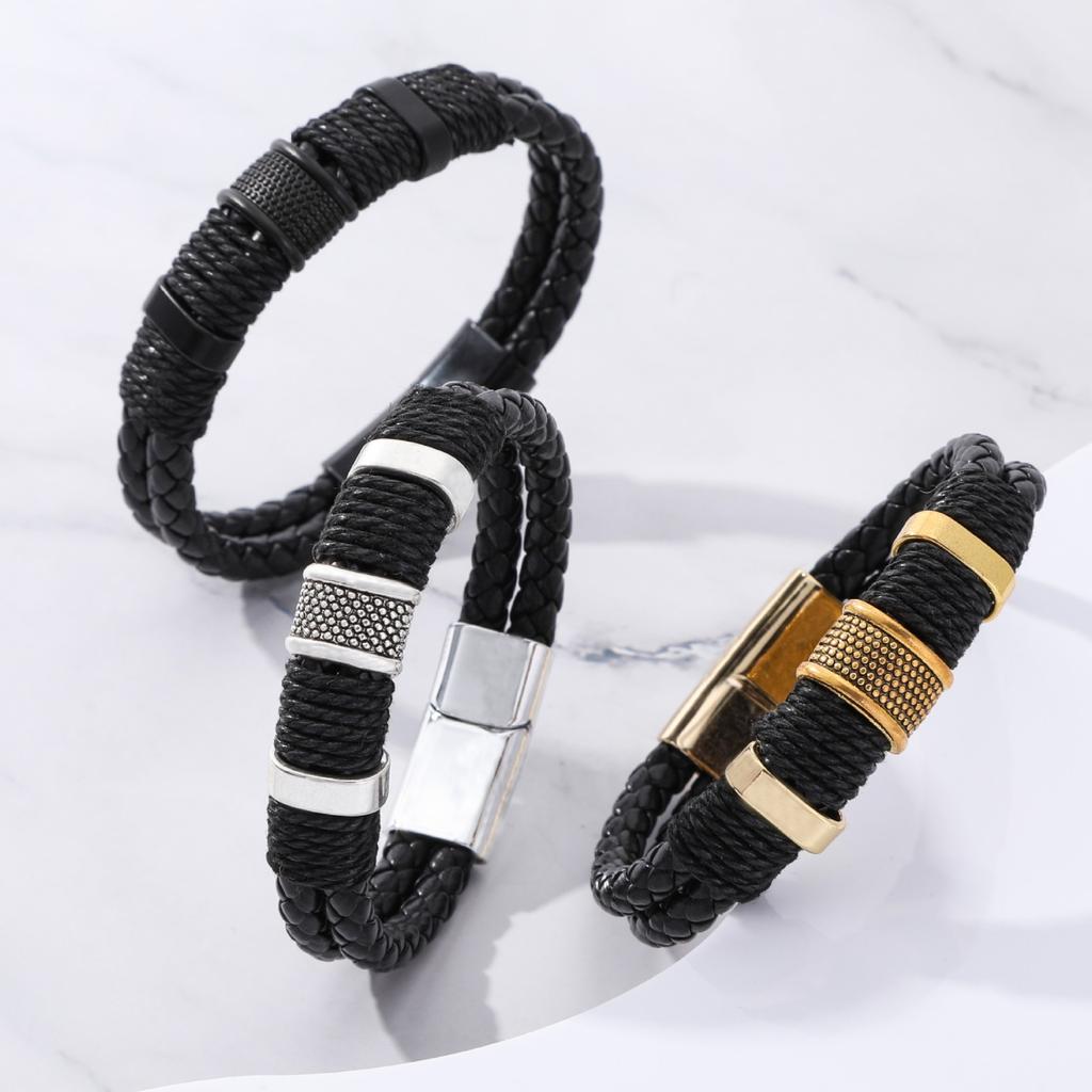 Bracciale Doppio Strato Lega Vintage Pelle di Mucca Bracciale Moda Uomo Pelle Fibbia Magnetica Bracciale