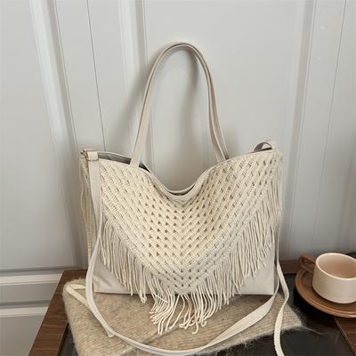 New Retro Fringed Bag Women's Hollow Handwoven Bag Beach Bag Sen Meng Women's Shoulder Tote Bag