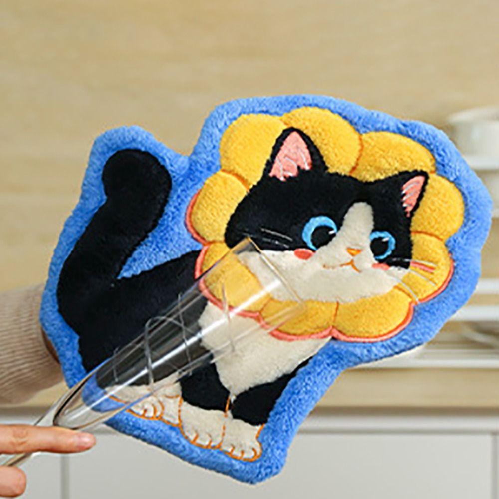 2pcs Water Absorption Cartoon Cat Hand Towel Coral Fleece Kitchen Handkerchief  Dinning Table