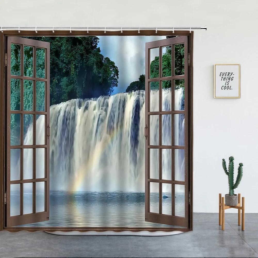 Landscape Waterfall Shower Curtain Tropical Jungle Plant Water Green Waterproof Curtains Nature Scenery Bathroom Decor Set Hooks