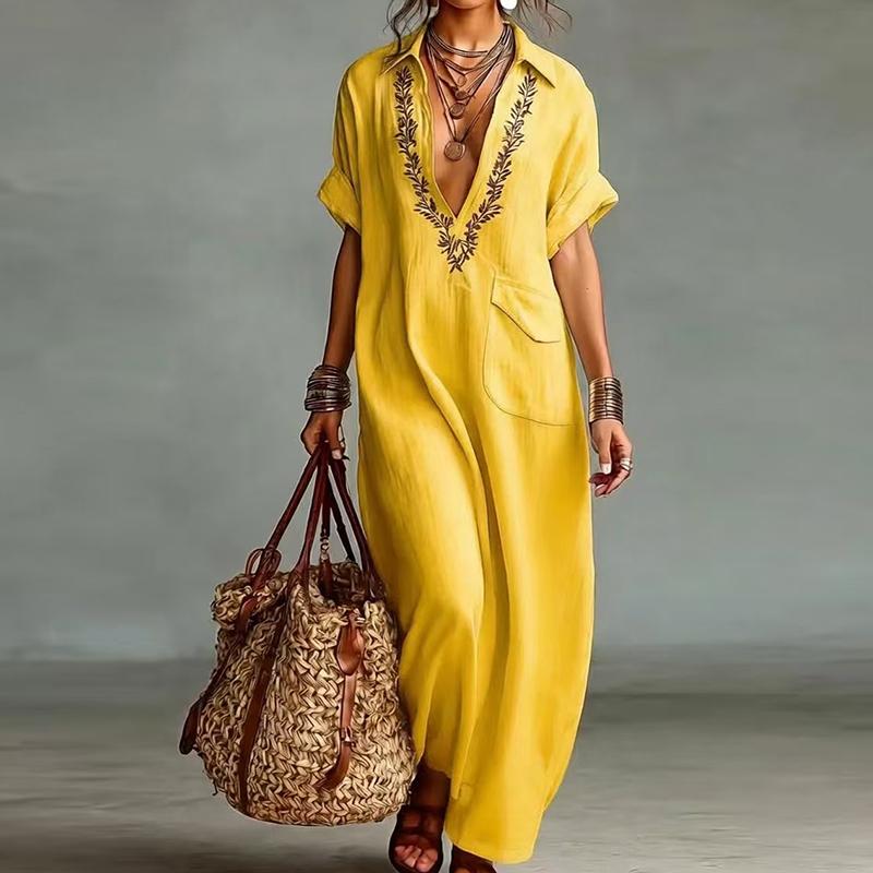 New Short Sleeve Holiday Elegant Party Dress, Women Summer Turn-Down Collar Simple Maxi Dress, Loose Patchwork Ladies Dress