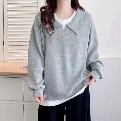 Kadın Sweatshirt Kazak Uzun Kollu Sahte İki Parça Oversize Düz Renk Bol Rahat Sweatshirt Üst