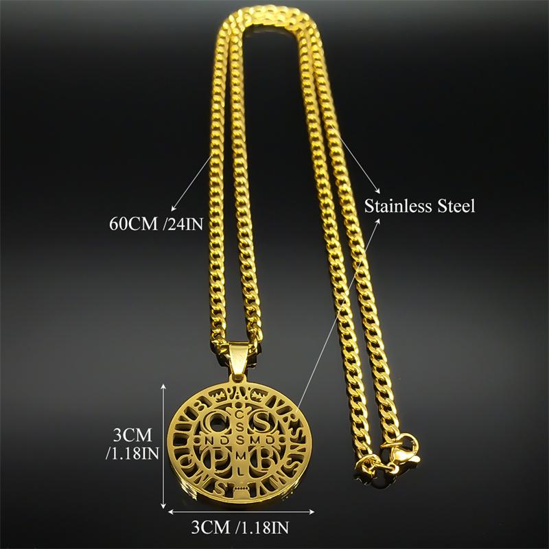 Saint Benedict Cspb Medal Pendant Necklace for Women/Men Stainless Steel Gold Color Jesus Cross Chain Jewelry collar N7437S02