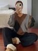 Vintage Contrast Rhomboid V-Neck Sweater Top