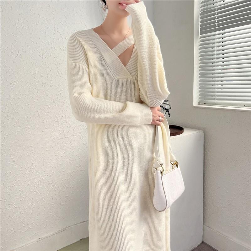Oversized Knit Midi Dress Women Fall Winter Loose V-Neck Long Sleeve A-Line Sweater Solid Color
