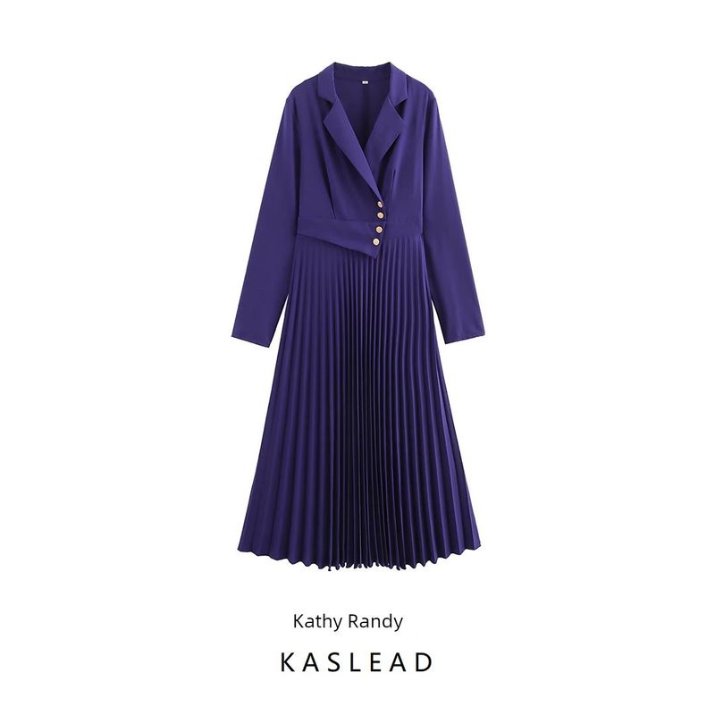 Kaslead New Arrival Women's Clothing Fashion Style Minimalist French Style Temperament Suit Patchwork Pleated Long Dress