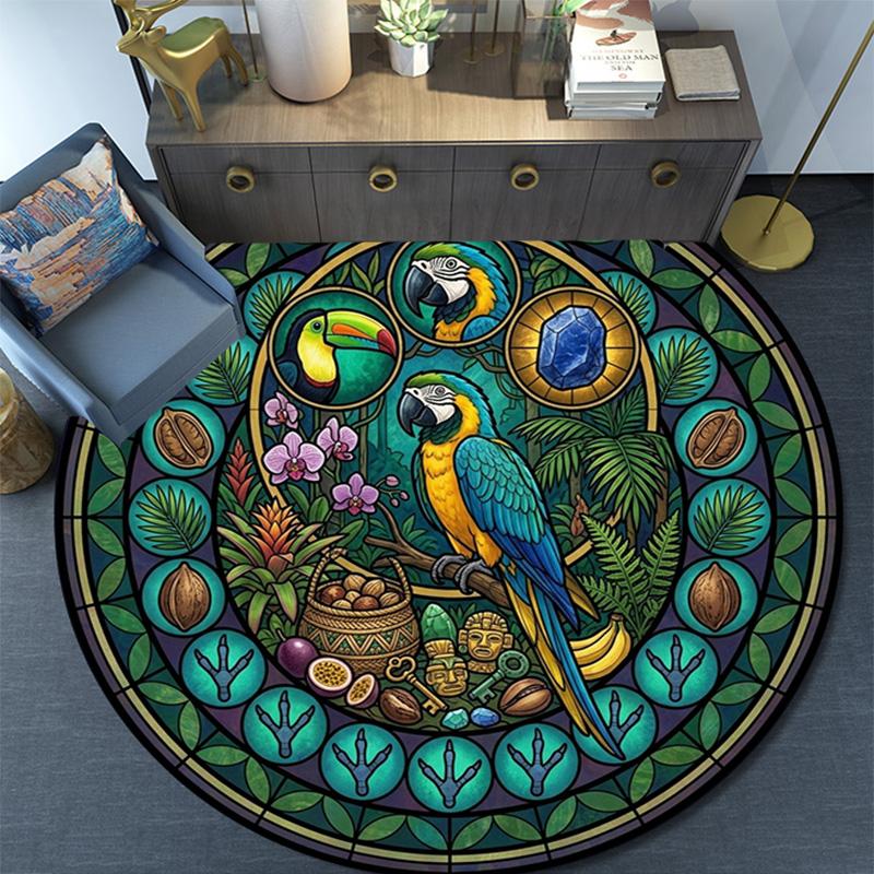 Jungle Parrot Glass Round Area Rug Under Office Chairs Bedroom Living Room Home Decor