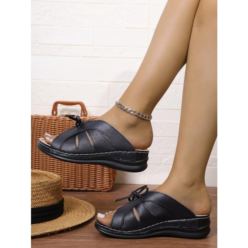 Women's New Summer Wedge Fish-Mouth Slipper Solid Color Plus Size Bow Trim Roman Sandal