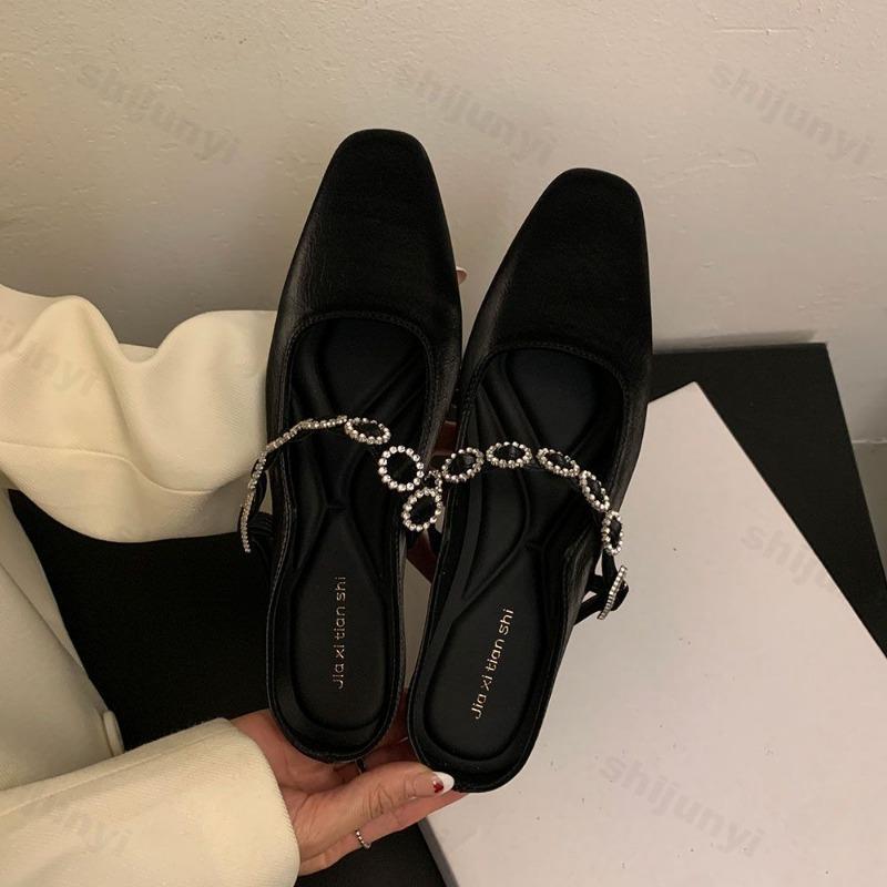 Fashion Women Flats Slippers Crystal Mules Designer Sandals 2025 New Dress Square-toe Leather Slides Summer Slingback Buckle De Mujer