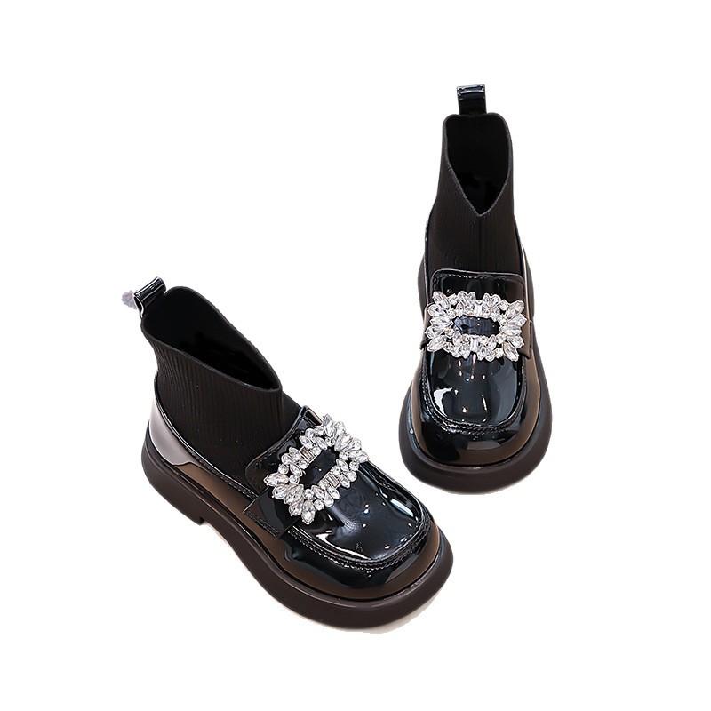 Girls' sock boots2026Spring and Autumn New Princess Martin Boots Children's Leather Shoes Girls' Soft Sole Short Boots Black
