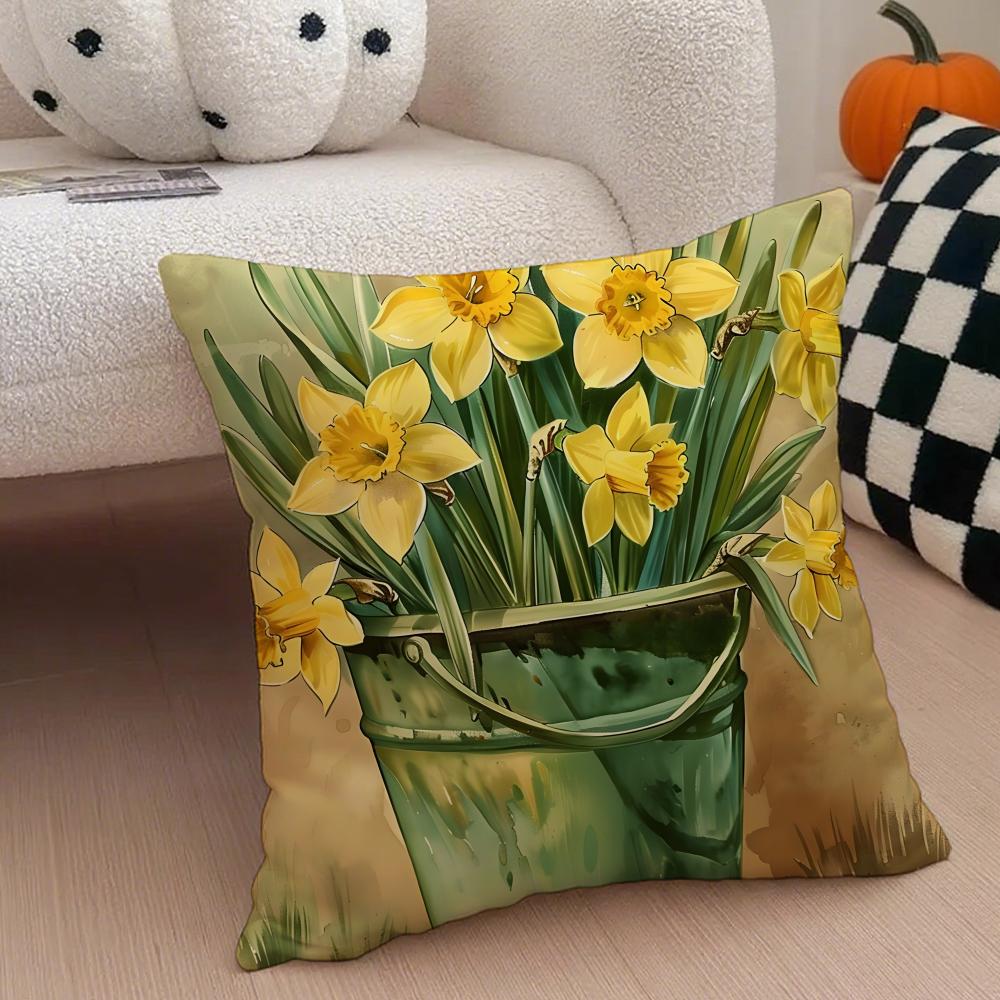 Warm bright yellow Daffodil Narcissus flowers Cushion Cover Throw Pillow Cover Hidden Button Durable Polyester Chair Cushion