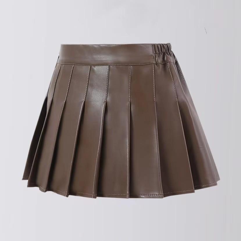 Girl's High-Waist Black PU Pleated A-Line Skirt with Pants for Autumn/Winter