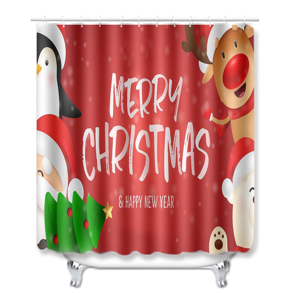 Christmas Bathroom Non-Slip Door Mat, Shower Curtain Floor Mat Combination Four-Piece Toilet Absorbent Carpet