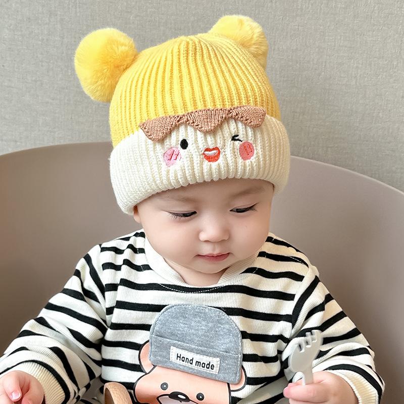 Autumn And Winter Baby Knitted Hat Double Ball Woolen Hat Boy Bear Warm Hat Female Baby Cute Pullover Hat Cartoon Hat