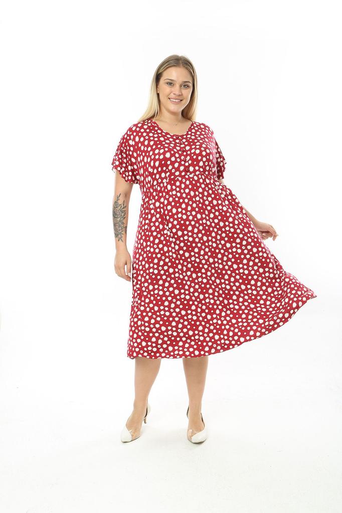 Women's Big Size Dress Large Size Lycra Viscose Red White Drop Pattern Dress