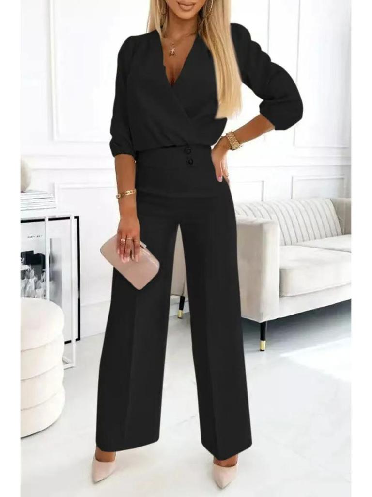 2025 Women's Solid Color V-neck Two-Button 2-Piece Pants Set