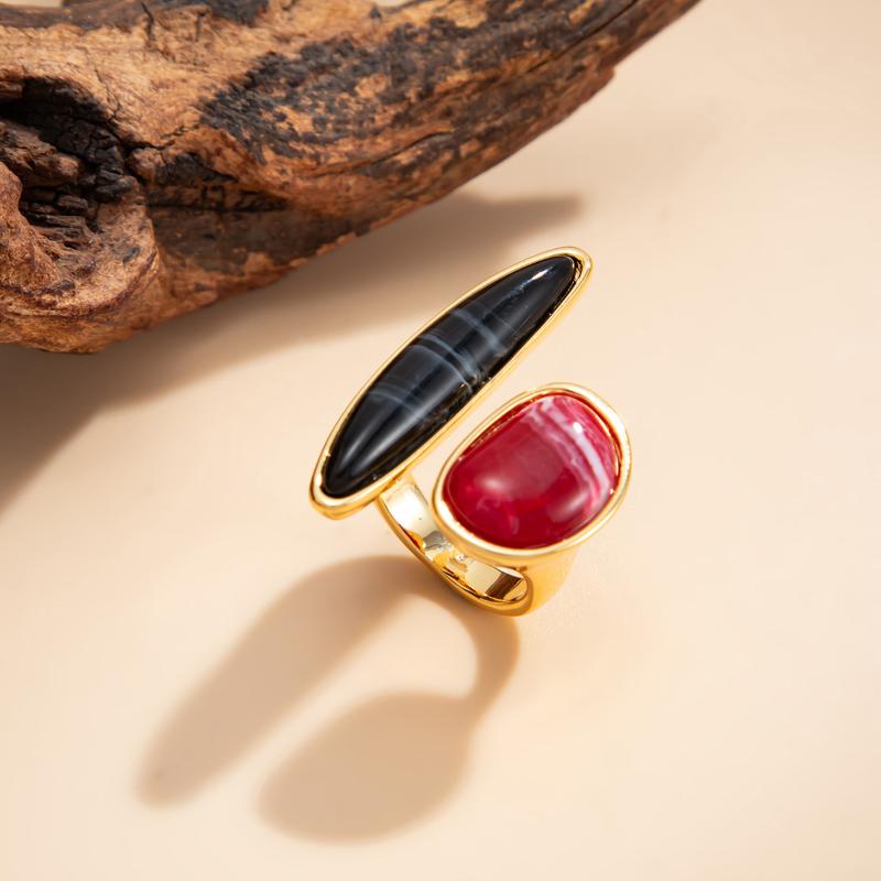 Irregular Gemstone Ring Unique Adjustable Light Luxury Retro Geometric Opening Ring Jewelry Vacation Accessories Gift