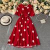 Moda Polka Dot Baskılı Kadın Elbise Yaz Zarif Vintage Bandaj İnce Bel Büyük Salıncak Uzun Parti Elbisesi