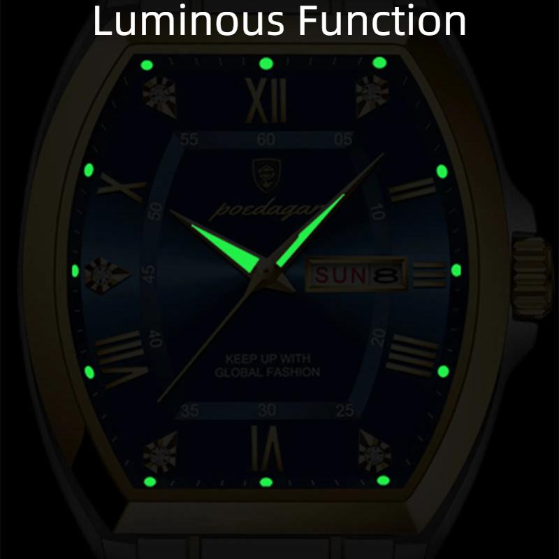 POEDAGAR Stainless Steel Watch Men Luxury Brand Business Luminous Waterproof Male Clock Tonneau Case Calendar Men Quartz Wristwatches