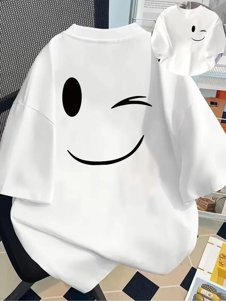 Women Colorful Smile Smiley Face Graphic T-Shirt, Casual Crew Neck Short Sleeve Top,Front & Back Print Happy Positive Slogan Tee
