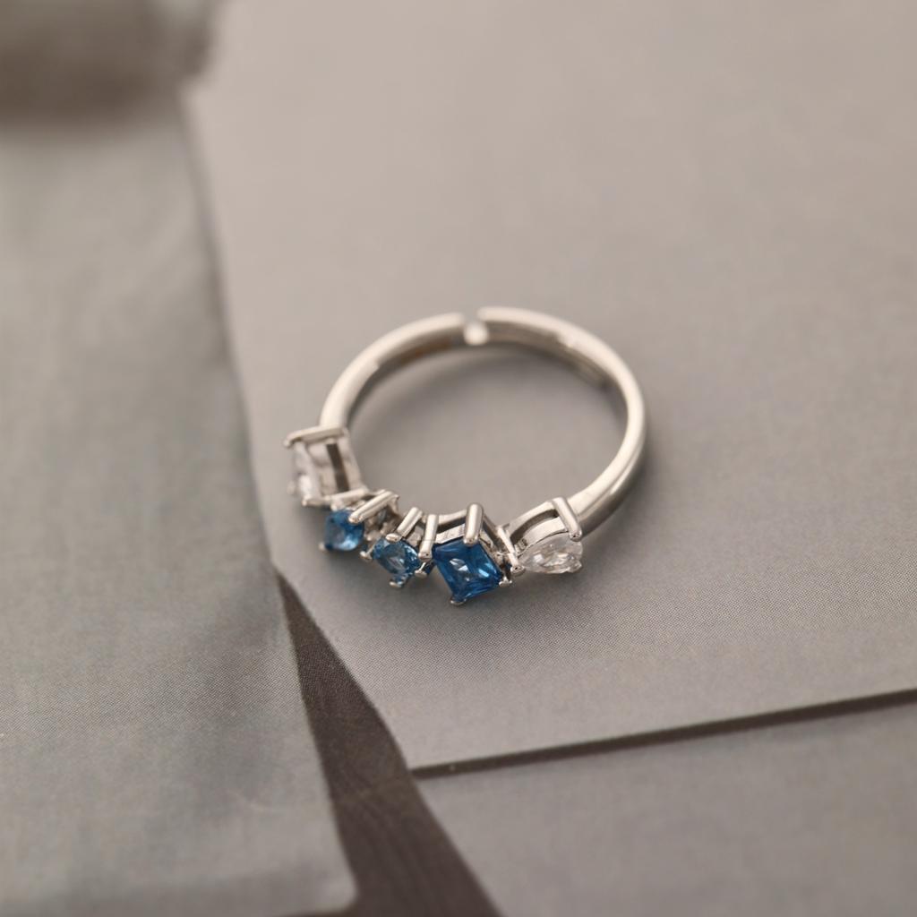 Elegant Platinum Plated Ring for Women, Blue Cubic Zirconia Adjustable Ring, Birthday Gift/daily Wear/Beach Vacation Ring