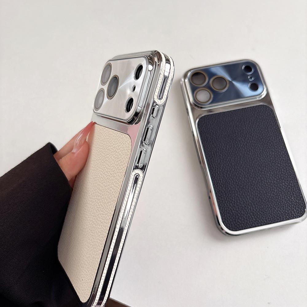 CD Patterned Lens With Lychee Skin Case for iPhone 17 16 15 14 Pro Max Bumper Shockproof Pattern Side Large Viewing Window Cover