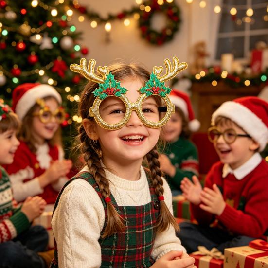Reindeer Antler Glasses Christmas Glasses, Glitter Holiday Party Frames, Santa Hat Flexible Frame Tree Snowman Bear Funny Eyeglasses for Favors