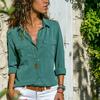 Womens Fashion V Neck Shirts Long Sleeve Tops Pockets Design Blusas Turn Down Collar Shirts Solid Colors Femininas