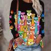 Women's Cartoon Dog Print Top Black Colorful Cute Long Sleeve Crew Neck T Shirt