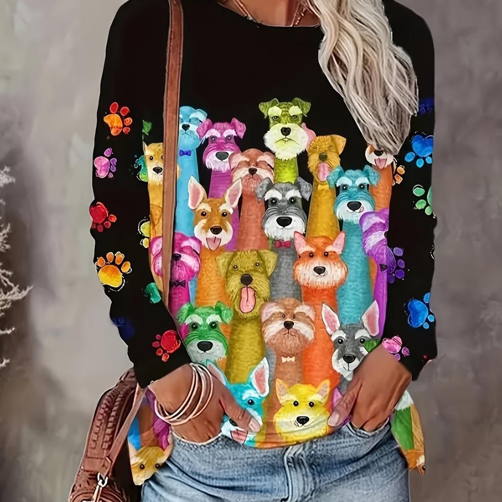 Women's Cartoon Dog Print Top Black Colorful Cute Long Sleeve Crew Neck T Shirt