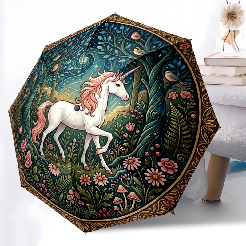 1pc Sturdy 8-Bone Auto Umbrella, Dreamy Forest Unicorn Umbrella, Digital Printed, Foldable Umbrella for On-the-Go Outdoor Use
