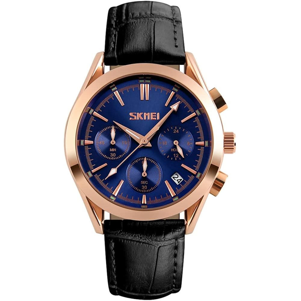 Men s Luxury Analog Chronograph Watch Black Leather Band Waterproof Casual Stylish Blue