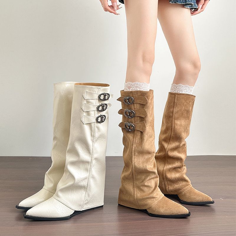 2026 New Fashion Versatile Pointed Inner Height Increasing Skinny Pant Tube Boots Women's Belt Buckle Knight Boots