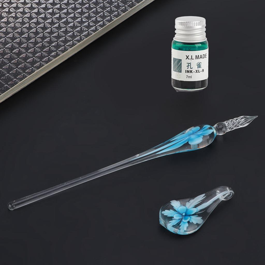 Retro   Elegant Flower Glass Dip Pen Signature Ink Fountain Pen with Ink Penholder Pink