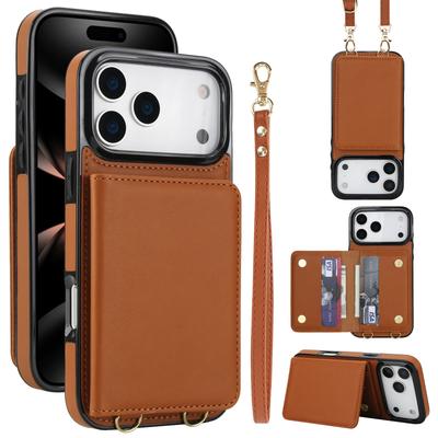 Crossbody Card Holder Wallet Leather Case For iPhone 17 Pro Max 16 Plus 15 Plus 14 13 12 11 Strap Pocket Kickstand RFID Cover
