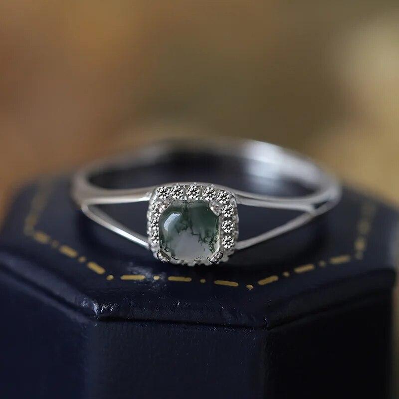 Fashion Natural Stone Texture Different Green Moss Grass Agate Vouple Ring For Women Sterling Silver Wedding Gitf Jewelry