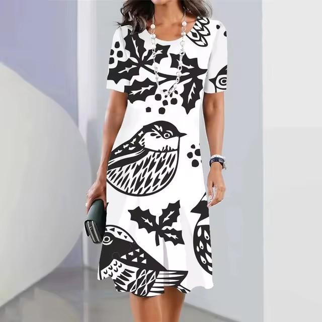 Elegant Short Sleeve 3D Print Dress Beach Summer Midi Dresses