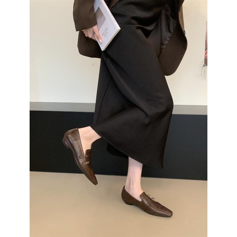 Early autumn square head thick heel single shoes women's versatile and thin British style small leather shoes loafers women's shoes