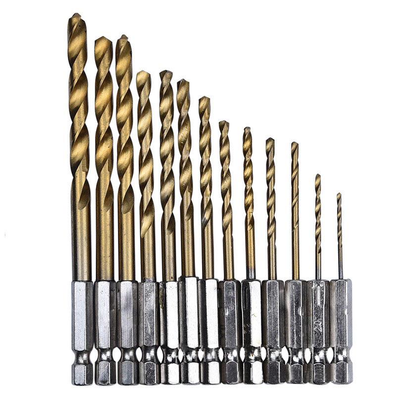 13-Piece Titanium-Coated High-Speed Steel Twist Drill Bit Set, Hex Shank, 1.5-6.5mm for Sheet Metal
