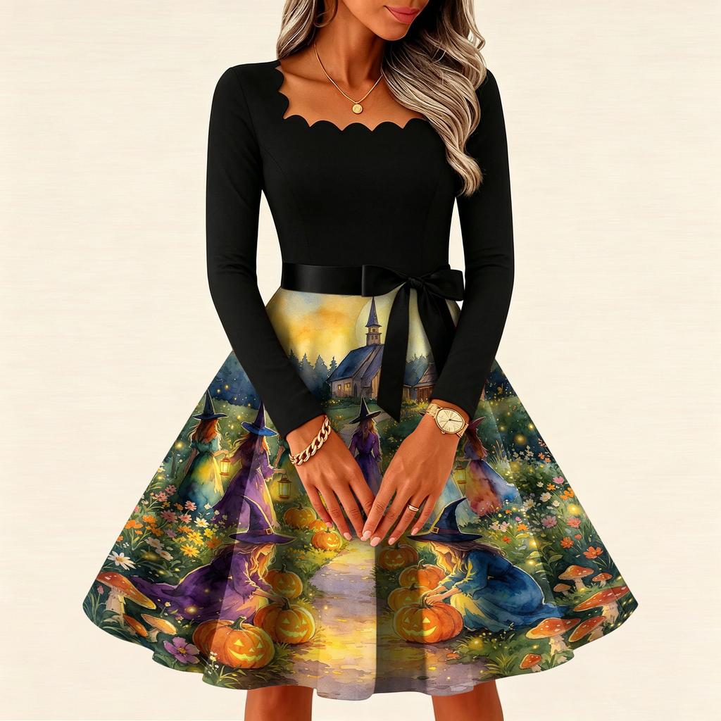 Women's Vintage Square Neck Long Sleeve Halloween Print Evening Dress