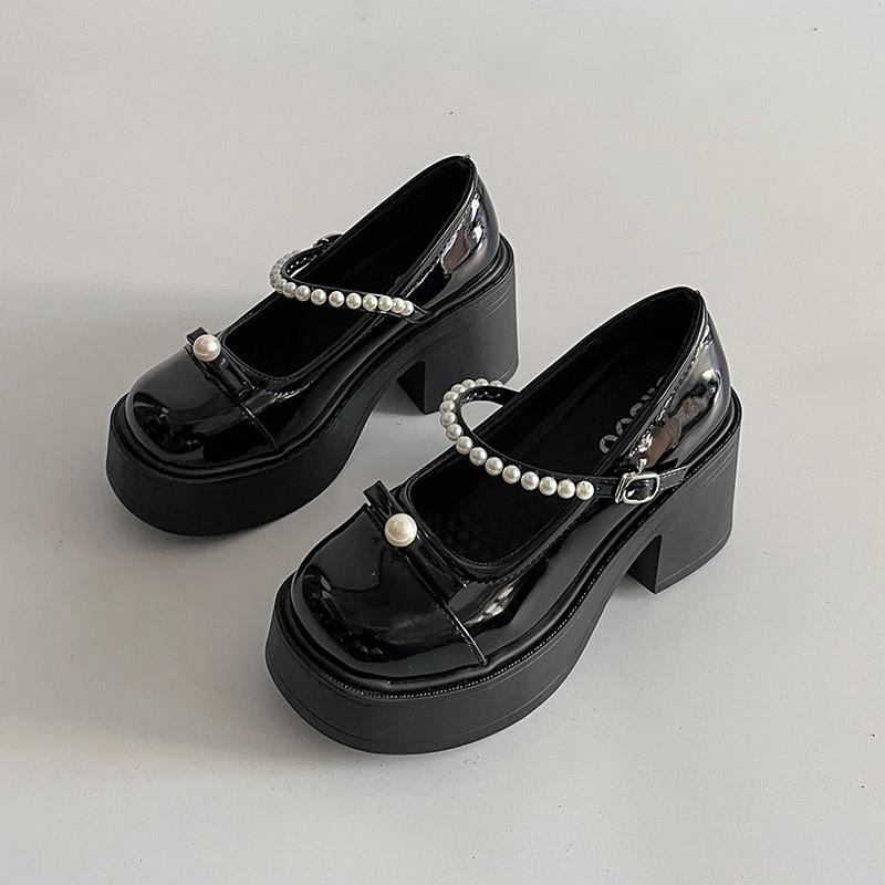 High-heeled Mary Jane shoes women's summer new retro round head bow single shoes pearl thick heel jk small leather shoes