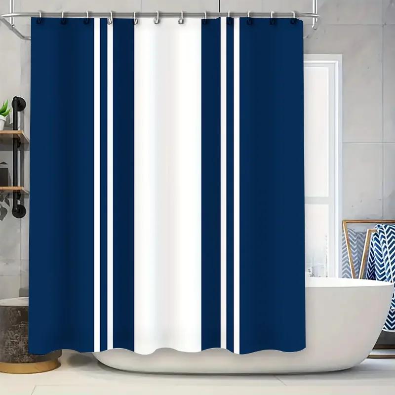 Blue White Shower Curtain Modern Stripe Design for Bathroom Decorations Easy Installation Hookless Rings