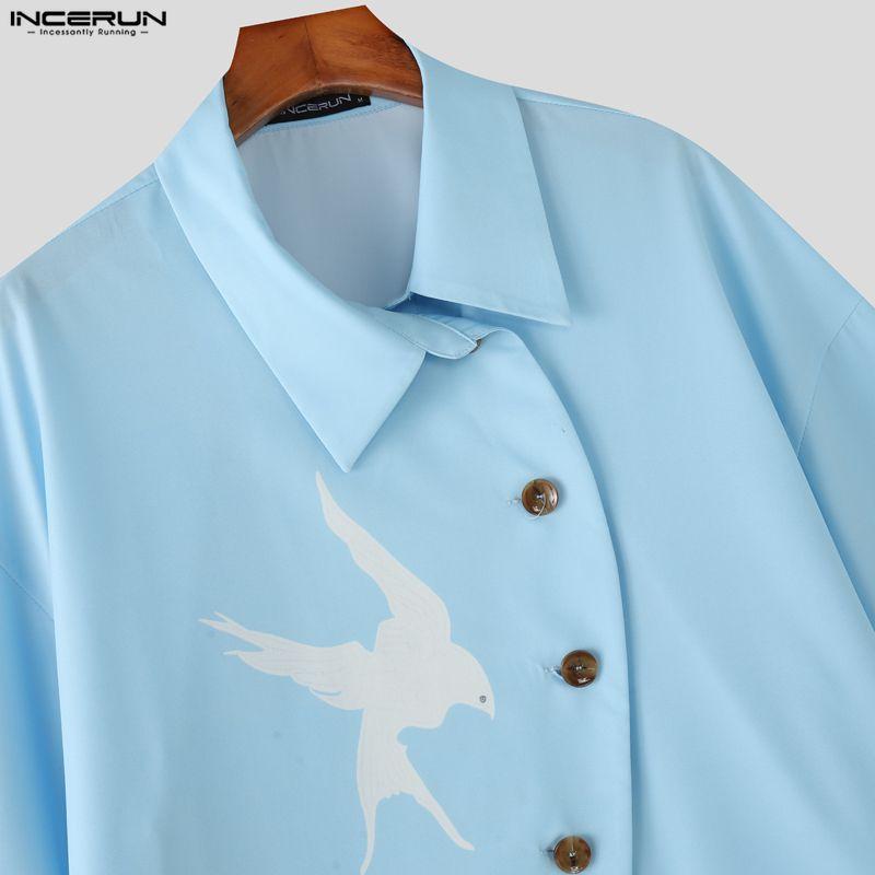 INCERUN Oversized Men Lapel Neck Short Sleeve Side Buttons Up Print Casual Loose Shirts
