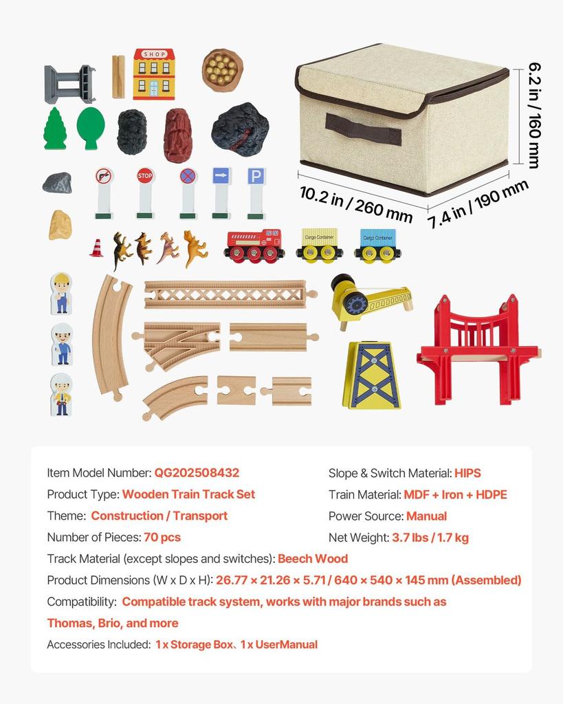 70PCS Wooden Train Set, with Magnetic Crane, Wood Train Track Toy for Kids Ages 3-8, Construction Crane Railway Set, Compatible with Major Brands,