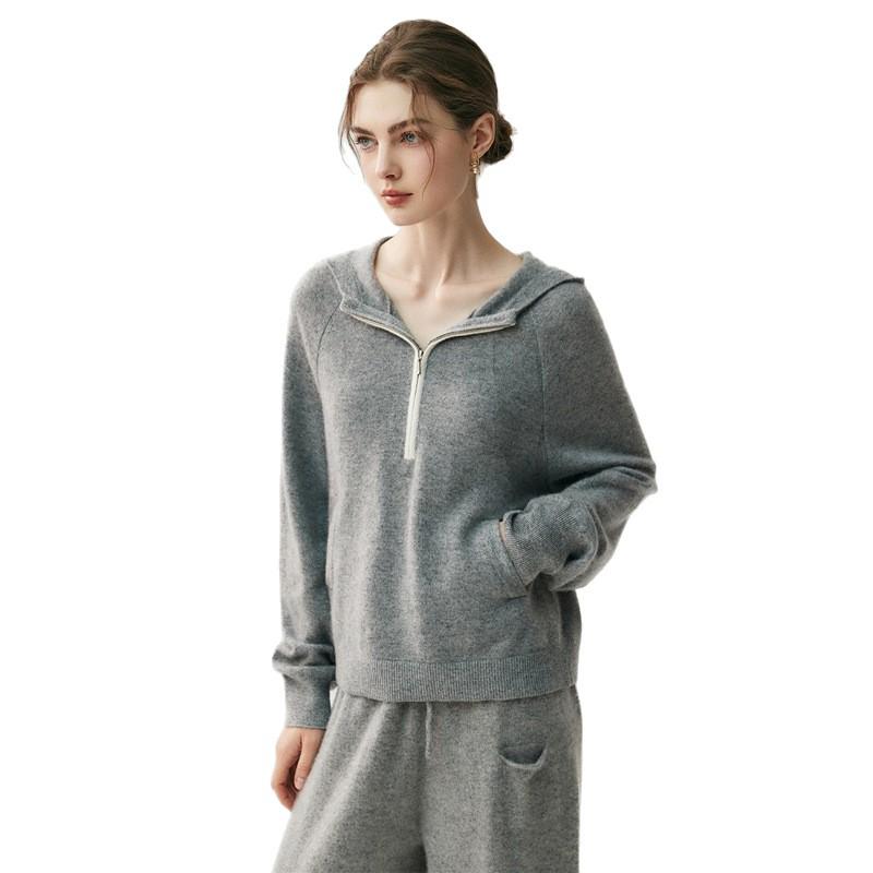 Women's Elegant Hooded Half-Zip Cashmere Sweater - Versatile Knitwear for Autumn/Winter 2026